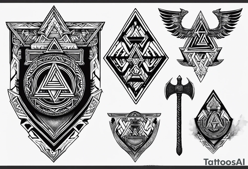 Valhalla sword shield axe Valknut fire tattoo idea