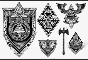 Valhalla sword shield axe Valknut fire tattoo idea