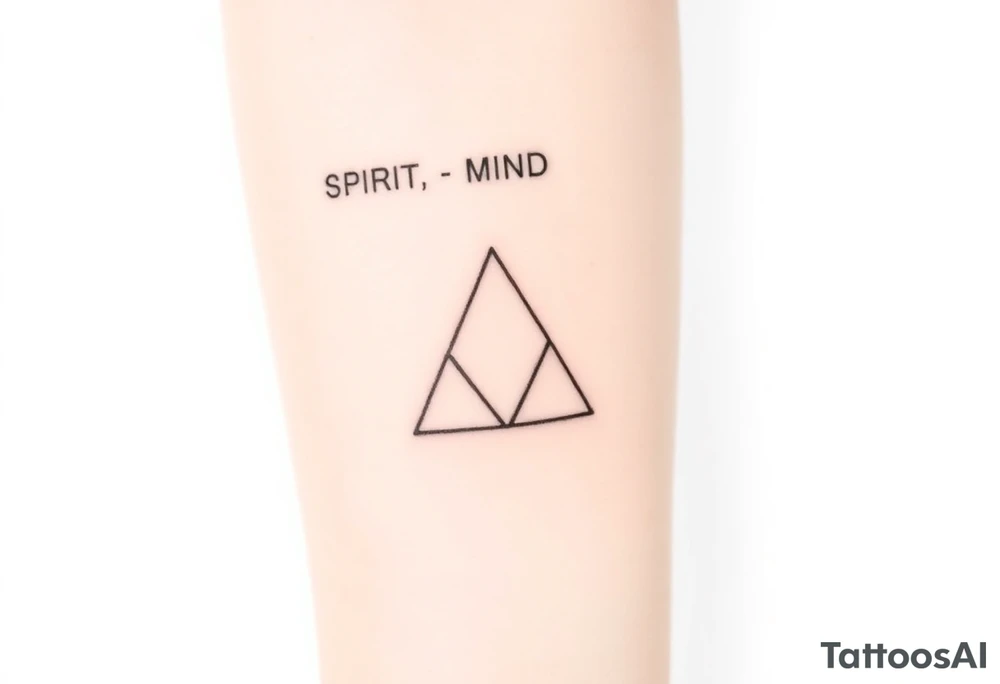 A minimalist tattoo of three interlocking triangles arranged in a way that forms a geometric symbol. Each triangle is thinly outlined and overlaps slightly. Above the design, the words 'SPIRIT,' 'MIND,' and 'BODY' are written in simple font, representing the connection between these three concepts. The tattoo is located on the inner forearm and is drawn in black ink on a light skin tone background. Without text! tattoo idea