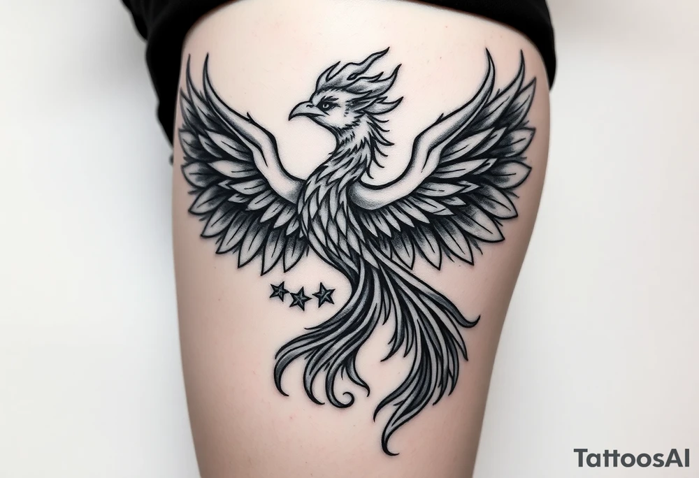 majestic fiery phoenix surrounded by fire. with a crown of fire flapping wings with a flaming tail tattoo idea