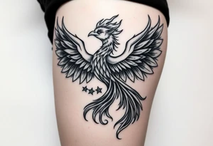 majestic fiery phoenix surrounded by fire. with a crown of fire flapping wings with a flaming tail tattoo idea