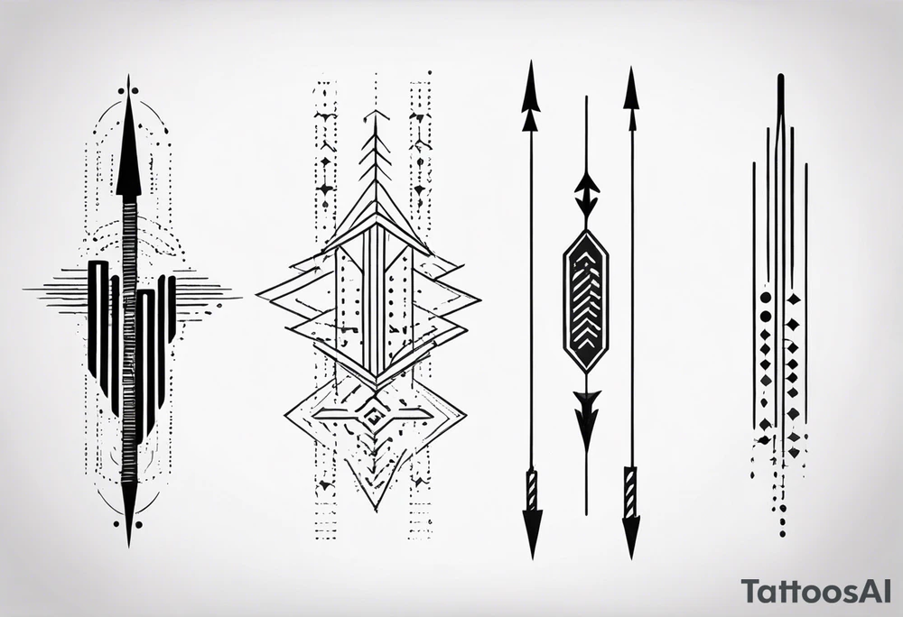 three minimalistic parallel arrows.
The first arrow broken near the flight.
the second middle arrow in tact. the third arrow broken near the head. morse code for JAK in the design. tattoo idea