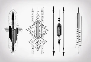three minimalistic parallel arrows.
The first arrow broken near the flight.
the second middle arrow in tact. the third arrow broken near the head. morse code for JAK in the design. tattoo idea
