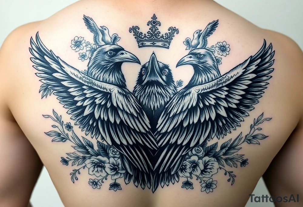 powerful majestic ravens with a crown, surrounded by floral ornaments and birds tattoo idea