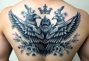 powerful majestic ravens with a crown, surrounded by floral ornaments and birds tattoo idea