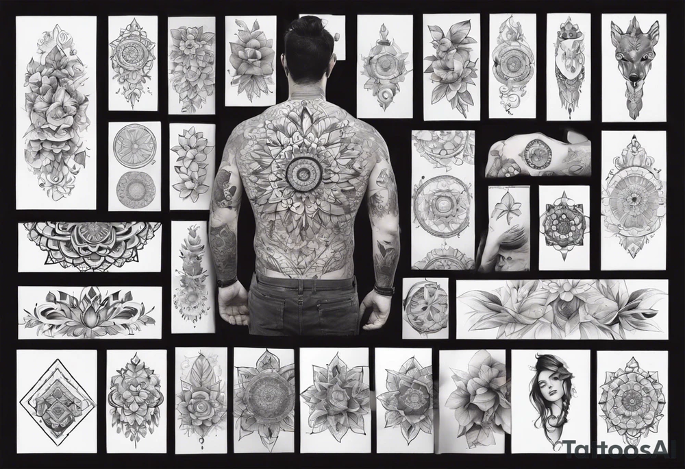 man with tattoos on both arms. from shoulder to elbow , each tattoo with beautiful women mixed with mandalas tattoo idea