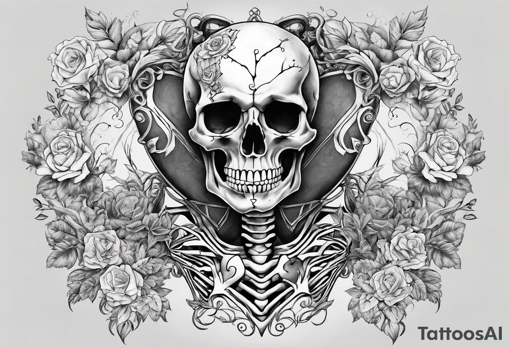 Realistic skeleton with heart shaped eyes. Hs chest has exploded and he is grasping at his heart tattoo idea