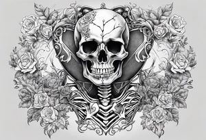 Realistic skeleton with heart shaped eyes. Hs chest has exploded and he is grasping at his heart tattoo idea