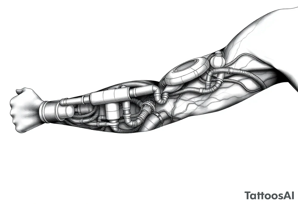 long System of pipes that transitions into veins of forearm tattoo idea