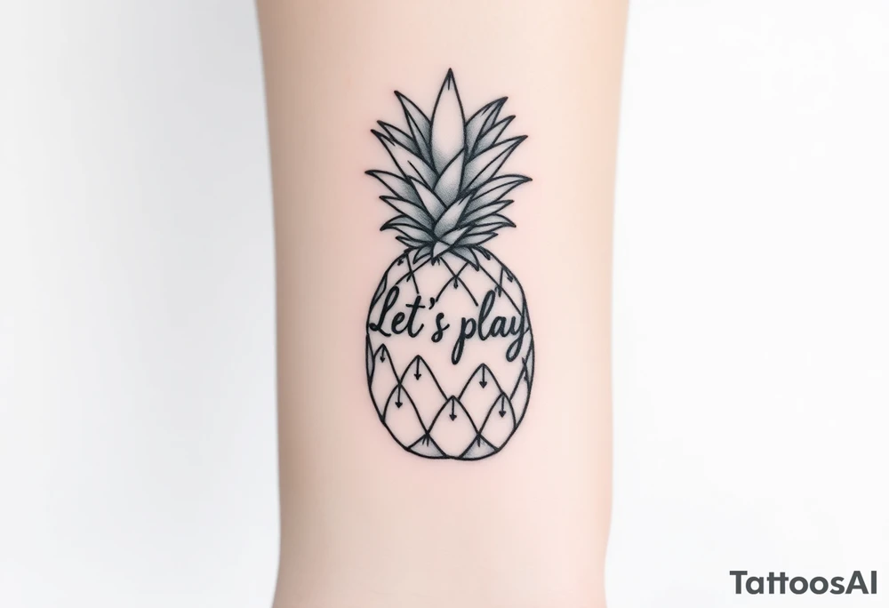 A black ink wrist tattoo featuring a realistic yet minimalistic pineapple. The pineapple is finely detailed with clean, precise lines, capturing the natural texture of the fruit while keeping the design subtle and uncluttered. Inside the body of the pineapple, the phrase "Let's play" is clearly placed in a bold but not overly thick font, ensuring readability while maintaining balance with the overall design. The leaves of the pineapple have a fine-line style with slight variations in thickness for a natural feel. The tattoo blends fine details with subtle bold elements, creating a clean and modern aesthetic. tattoo idea