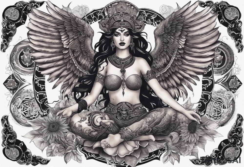 black kali, goddess pirate, alien, angel, pachamama, valkrye, warrior, flying, skull, lotus azul, wing, eagle, zenza resonance, stars, 5D, anahata chakra, death, durga, riding on a tiger, flying lady, kundalini, chest tatoo tattoo idea