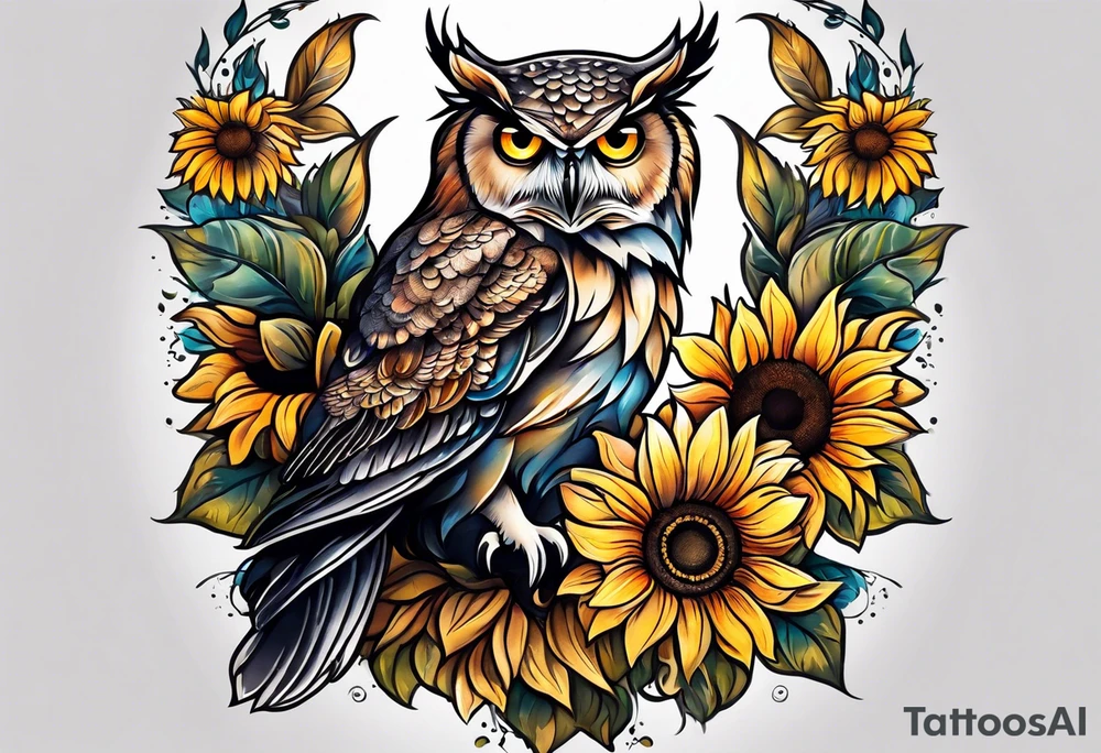 Owl with sunflowers leg sleeve tattoo idea