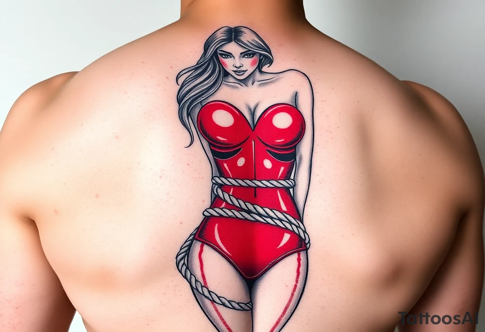 female nude sex slave, wearing red latex catsuit and wrapped in rope hip sized tattoo idea