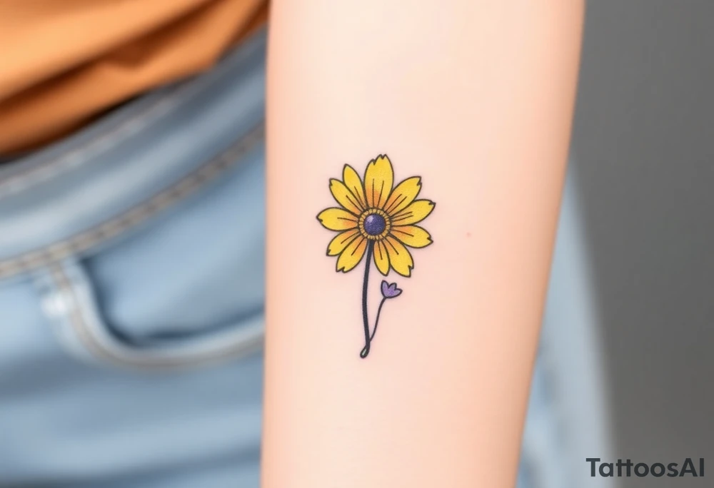 Simple yellow daisy with Purple Hearts & cross tattoo idea