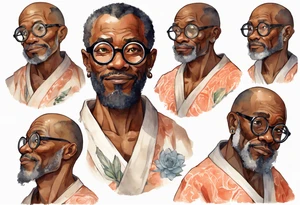 a middle-aged medieval black man wearing round glasses, wearing tunic, wearing salmon bracers tattoo idea
