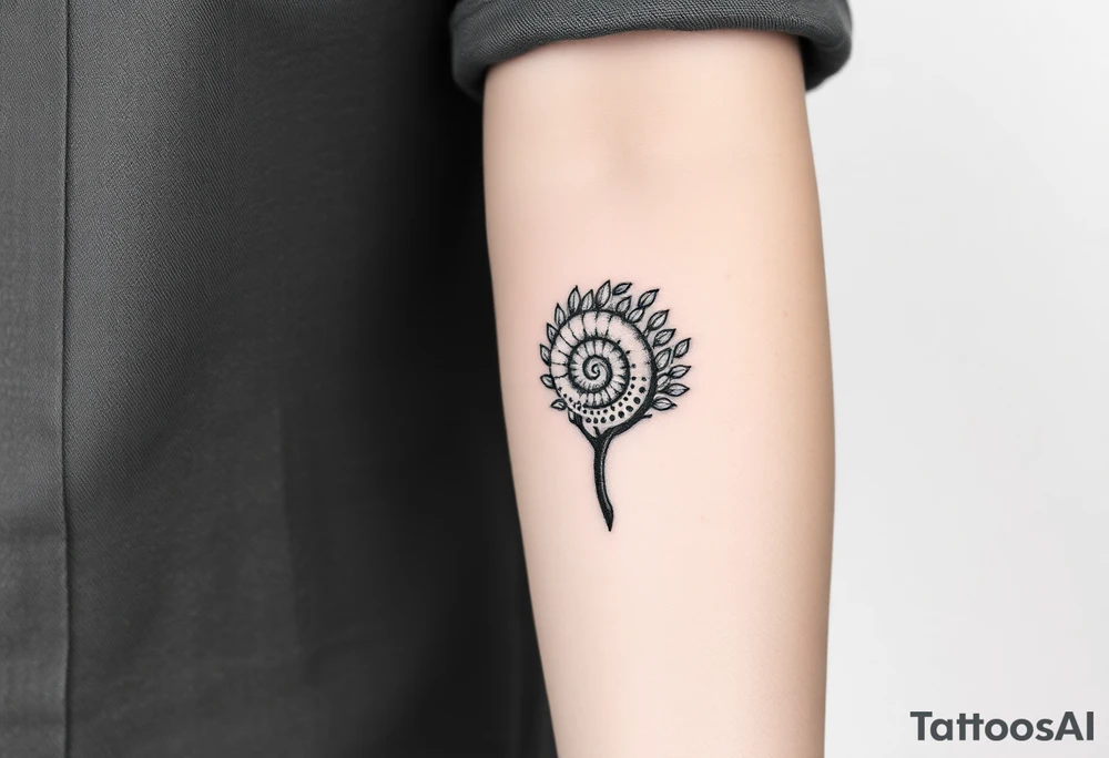 Fibonacci spiral shell on side of base of tree full of lots of leaves tattoo idea