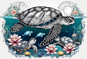 One larger sea turtle with two baby sea turtles, water, moon, and 4 water lilies tattoo idea