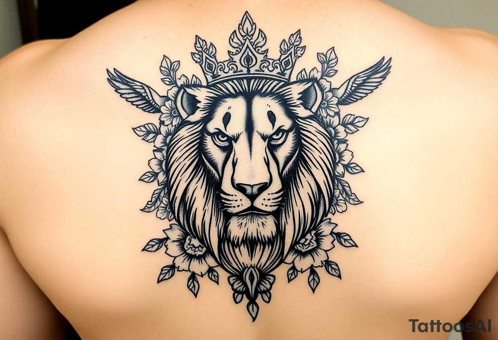 powerful majestic lion with a crown, surrounded by floral ornaments and birds tattoo idea