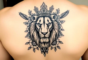 powerful majestic lion with a crown, surrounded by floral ornaments and birds tattoo idea