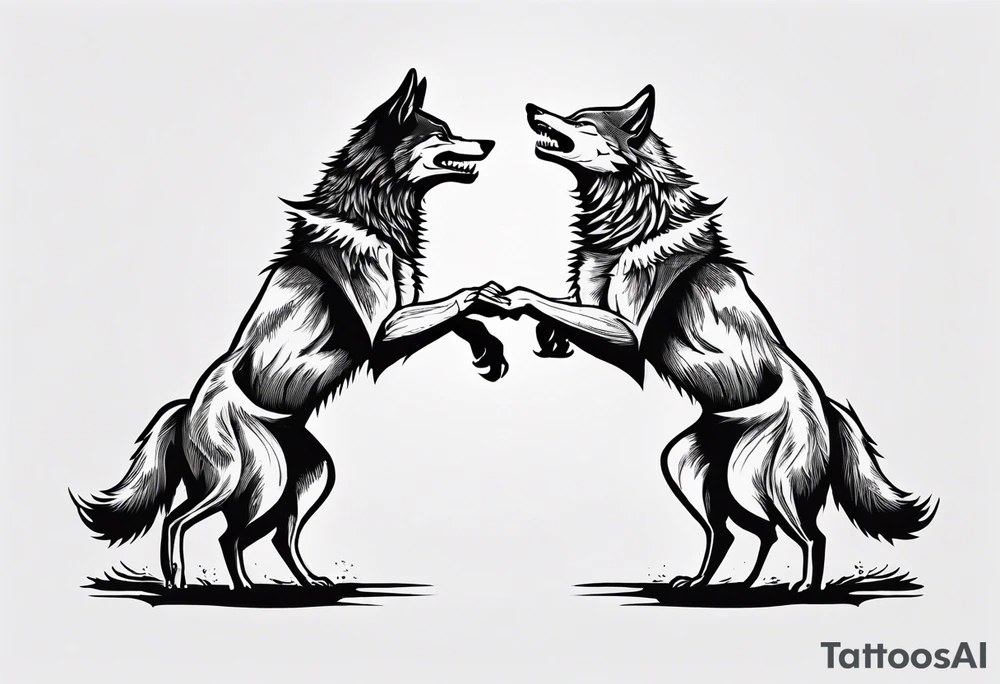 two wolves with their jaws closed and dancing on their hind legs. they should be visibly dancing and facing one another. They should have their jaws closed tattoo idea