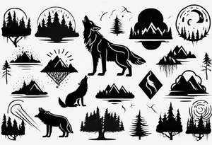 a thunderstorm over a forest and a wolf howling tattoo idea