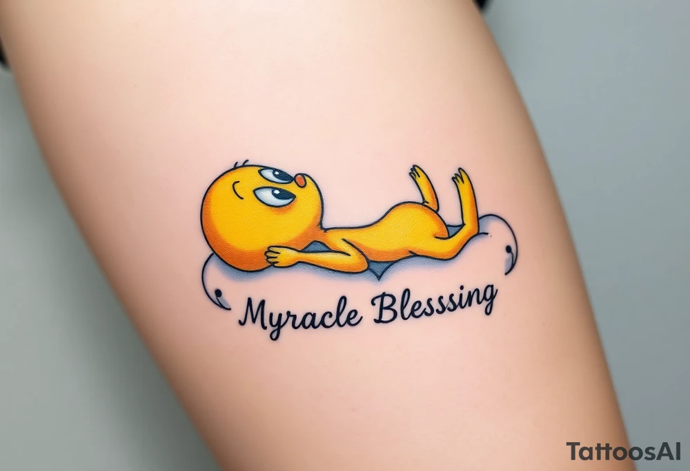 Tweety Bird laying on a cloud with his head in his hands looking up at the sky. Under the cloud in small capital letters is the name Myracle Blessing tattoo idea