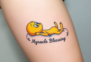 Tweety Bird laying on a cloud with his head in his hands looking up at the sky. Under the cloud in small capital letters is the name Myracle Blessing tattoo idea