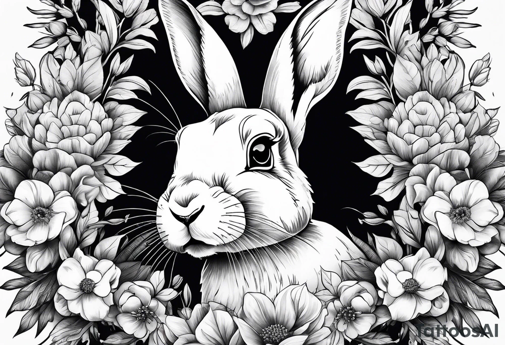 Realistic rabbit head in the middle of realistic flowers and leaves tattoo idea