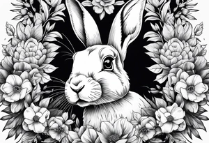 Realistic rabbit head in the middle of realistic flowers and leaves tattoo idea