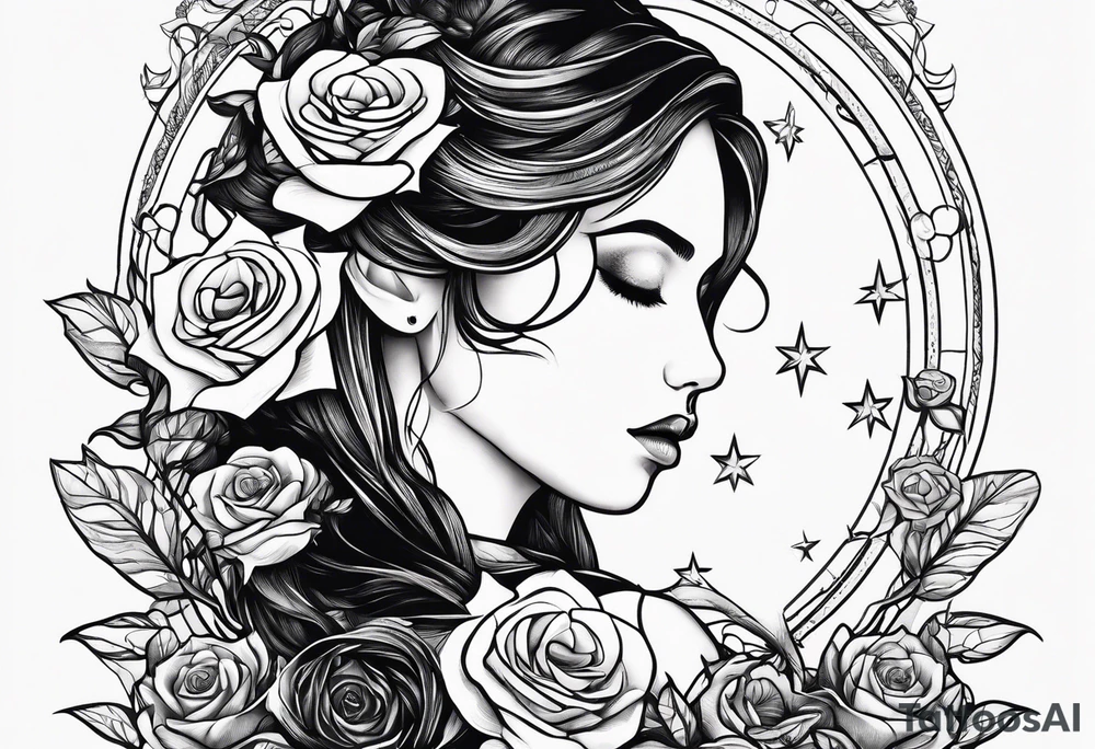 Tesseract with a field of small roses and stars around it tattoo idea