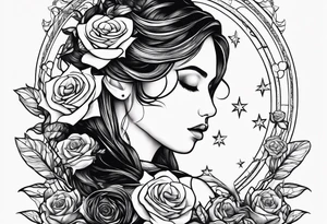 Tesseract with a field of small roses and stars around it tattoo idea