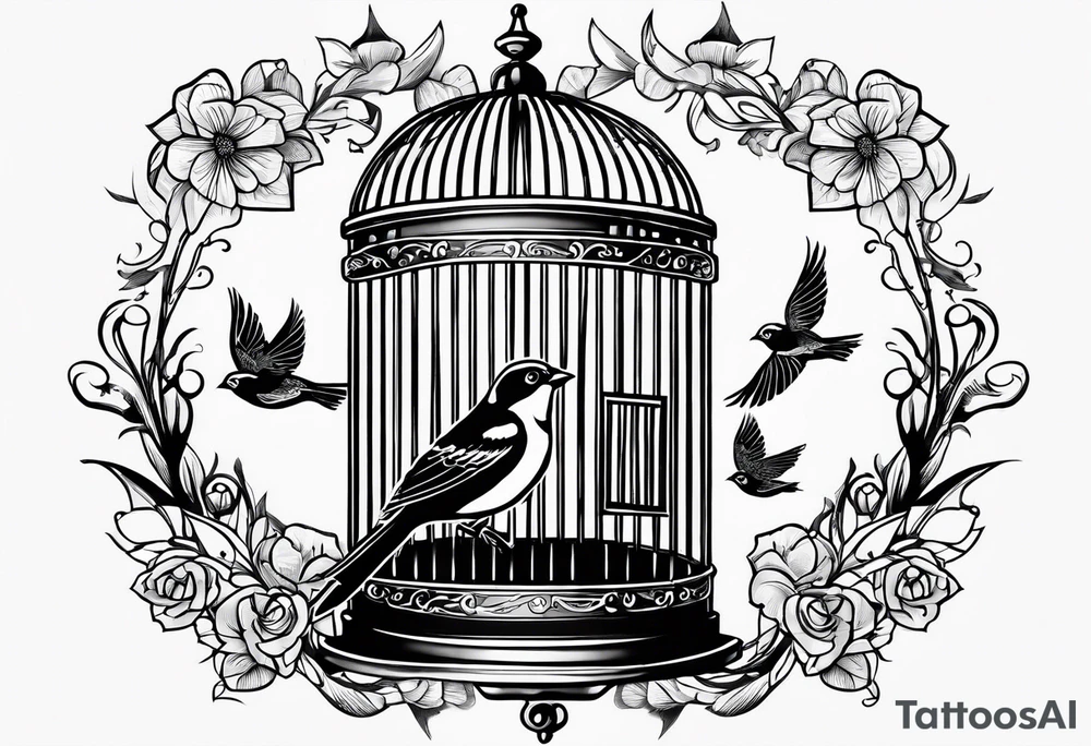 An open bird cage with a bird flying out, with the words ‘be free’ tattoo idea