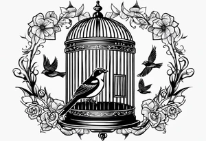 An open bird cage with a bird flying out, with the words ‘be free’ tattoo idea