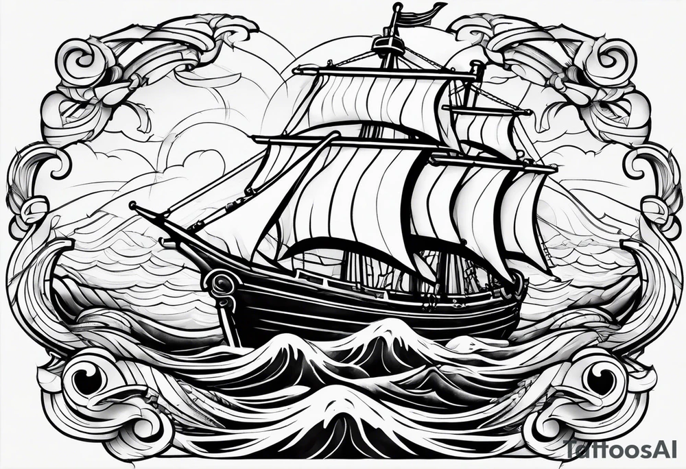 a ship anchor with a large S through the anchor and angle wings on the left and right side. ocean waves in the background tattoo idea