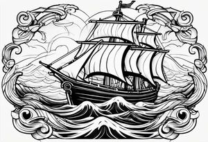 a ship anchor with a large S through the anchor and angle wings on the left and right side. ocean waves in the background tattoo idea