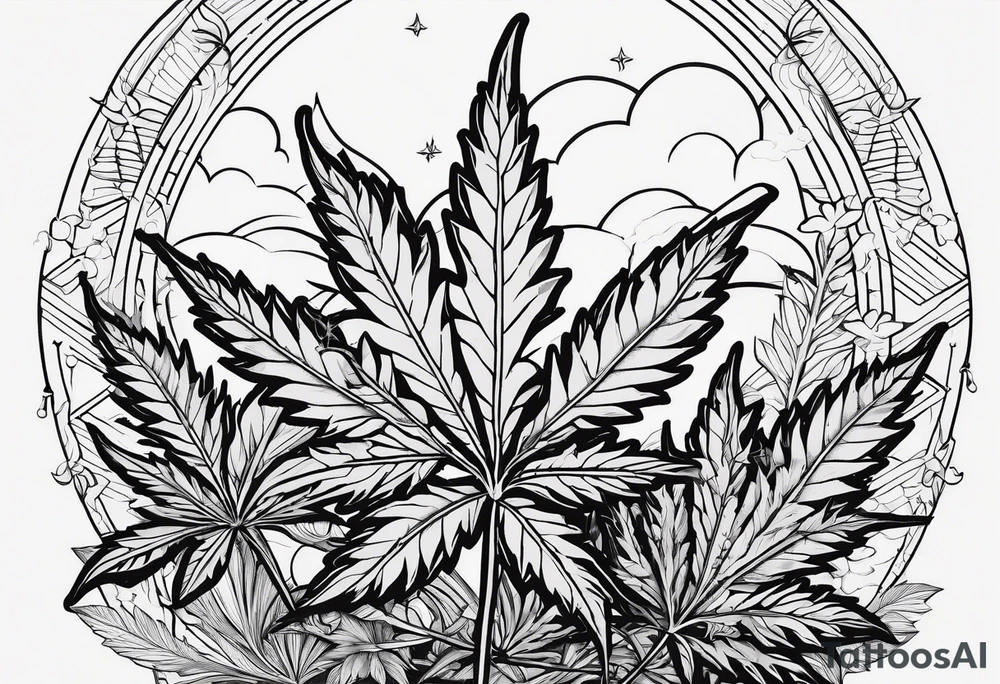 Minimal line art of cannabis plant from base to top with buds blooming. Around it are other plants like pothos leaves and mushrooms about to fruit. Incorporate the solar cycle and lunar cycle tattoo idea