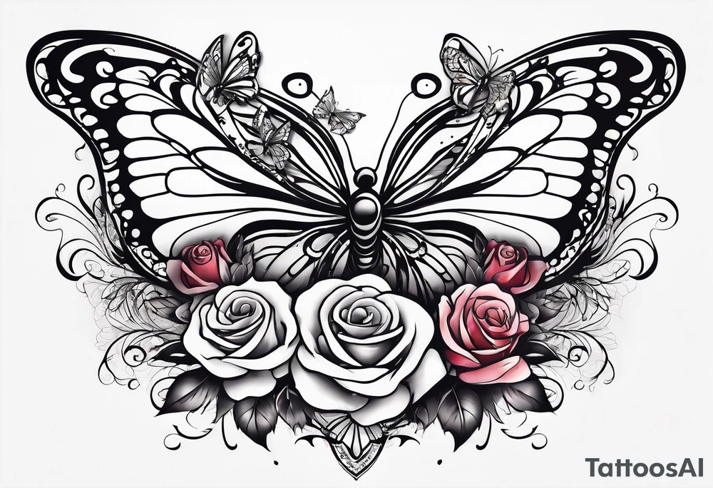Butterflies flying with roses & filligree tattoo idea
