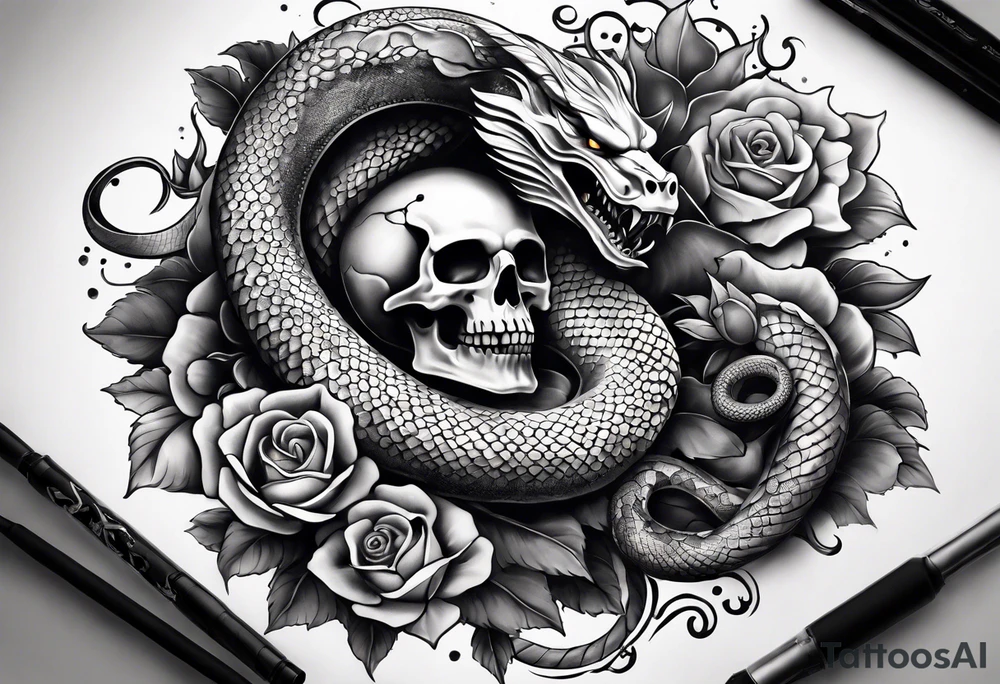 sleeve tattoo with a hydra snake, gun, skull and Japanese designs, NO FLOWERS tattoo idea