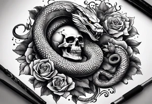 sleeve tattoo with a hydra snake, gun, skull and Japanese designs, NO FLOWERS tattoo idea
