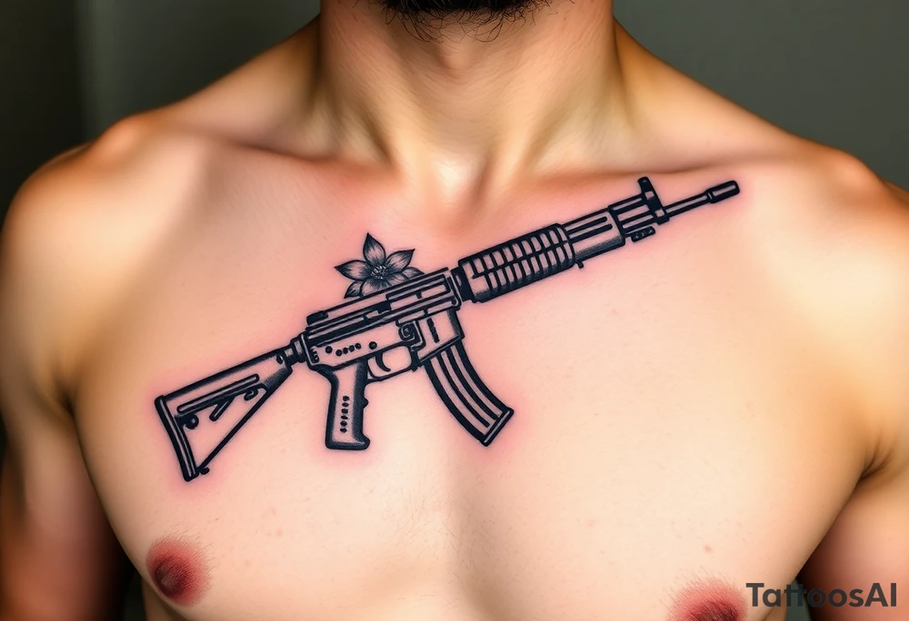 ak 47 black silhouette with floreal details tattoo idea