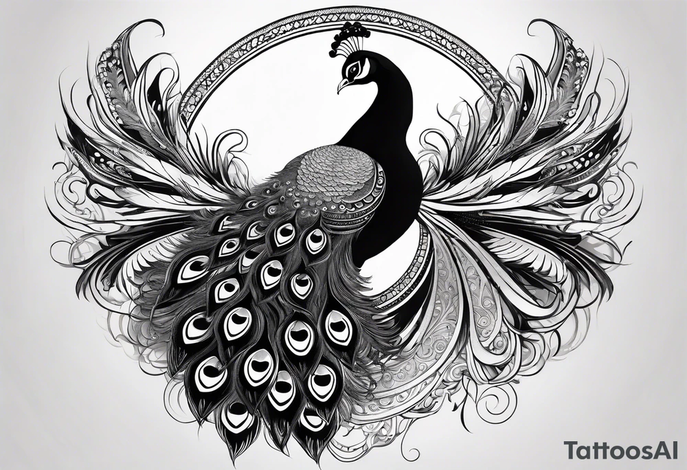 black and white peacock with infinity symbol in feather and moon above tattoo idea