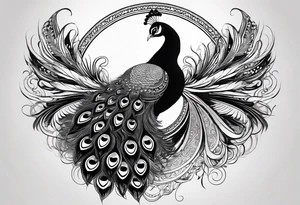 black and white peacock with infinity symbol in feather and moon above tattoo idea