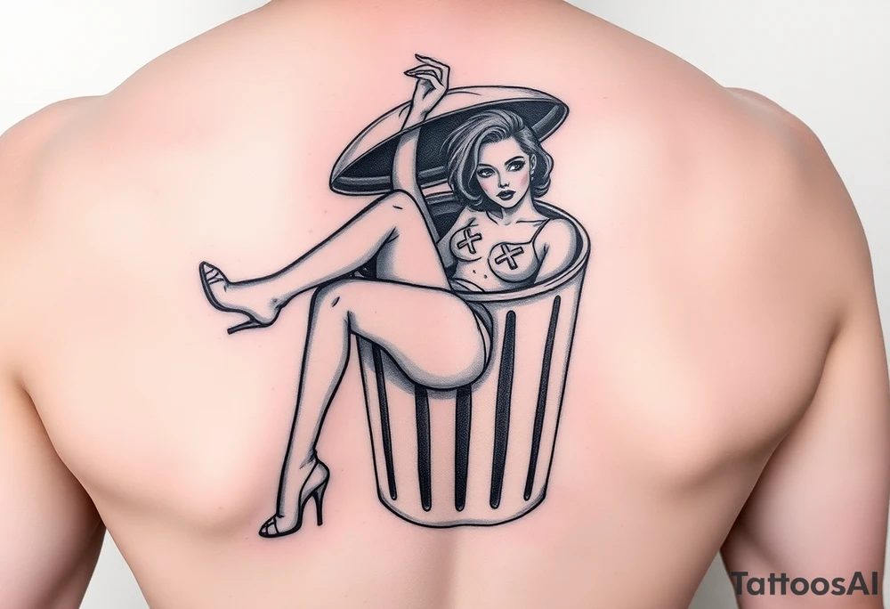 Prostitute hanging out of a trash can 
 dead with high heels and xs where her eyes are tattoo idea