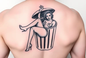 Prostitute hanging out of a trash can 
 dead with high heels and xs where her eyes are tattoo idea