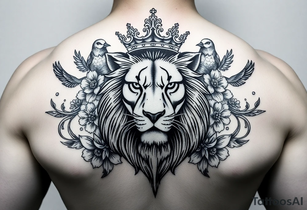 powerful majestic lion with a crown, surrounded by floral ornaments and birds tattoo idea
