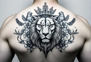 powerful majestic lion with a crown, surrounded by floral ornaments and birds tattoo idea