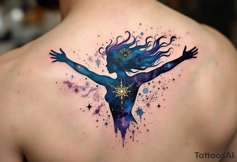 A silhouette of Tris with her arms outstretched, symbolizing her freedom and resistance. Her hair flows into a burst of intricate patterns, representing the different factions. Soft shades of blue and purple with a splash of gold for a dreamy, ethereal effect. Light blue, dark purple, gold accents. tattoo idea