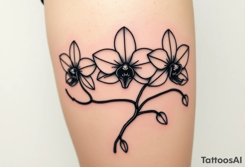 Three line orchids different size realistic and a mix of vagina. Are connected with branches tattoo idea