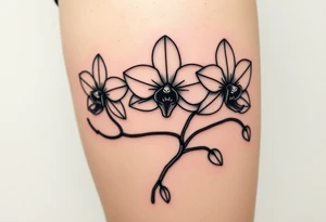 Three line orchids different size realistic and a mix of vagina. Are connected with branches tattoo idea