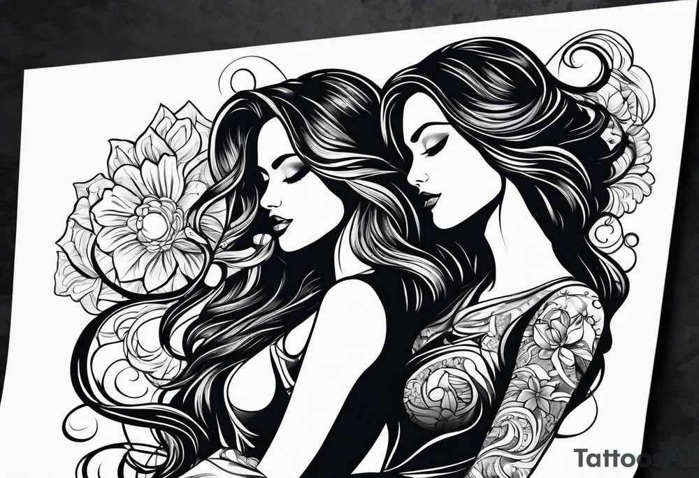 Couple black silhouette woman has long hair tattoo idea